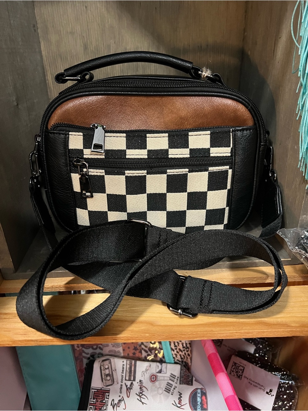 Checkered Crossbody Bag in Black and Brown